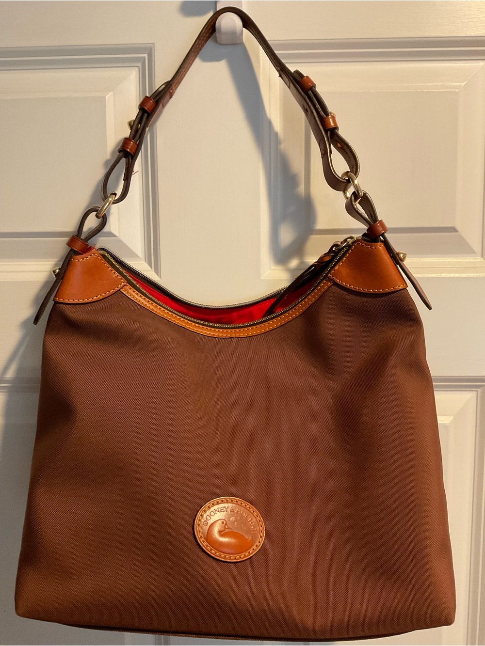 Dooney & Bourke Brown Nylon Shoulder Bag with Tan Leather Trim and Red Interior